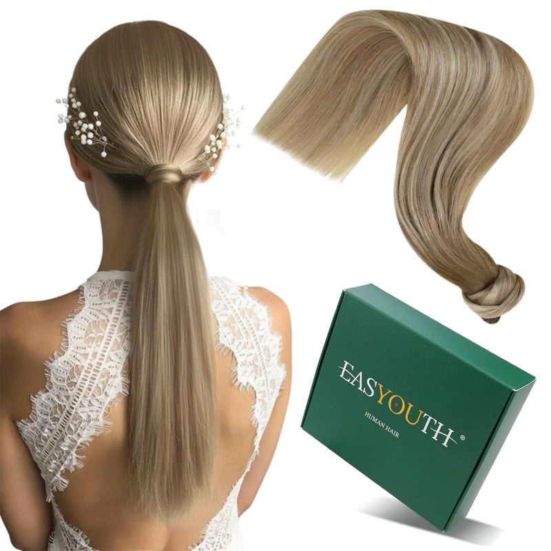 Easyouth Ponytail Hair Extensions Ombre Human Hair Wrap Around Ponytail Balayage Dark Brown to Light Brown Mix Blonde Real Hair Ponytail Extension Easy to Apply and Remove 18 Inch 80g
